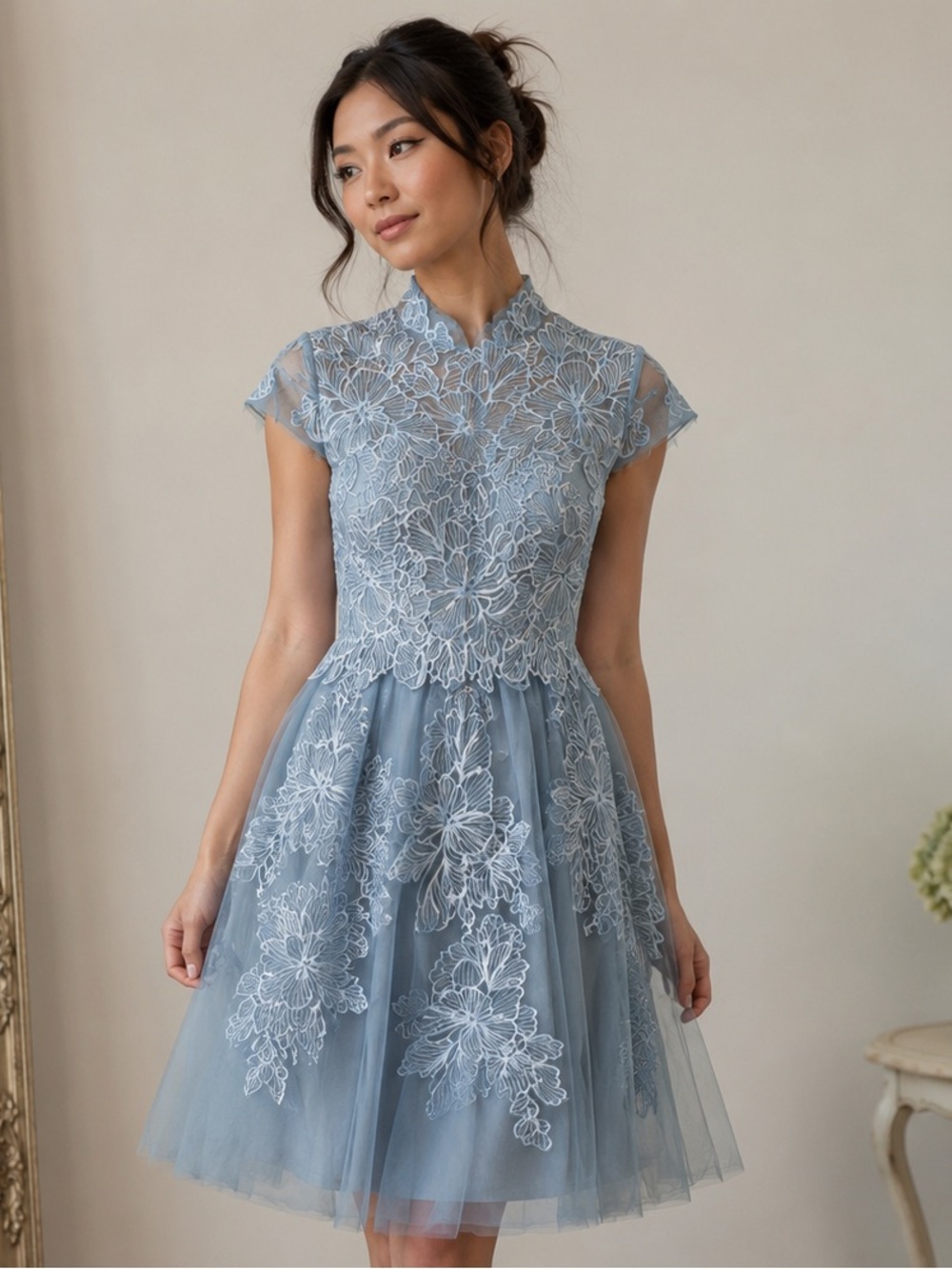 Embroidered Light Blue Tulle Flower Dress